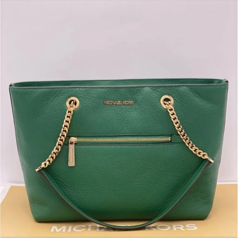 New Michael Kors Medium Front Zip Chain Tote Bag Leather JEWEL GREEN